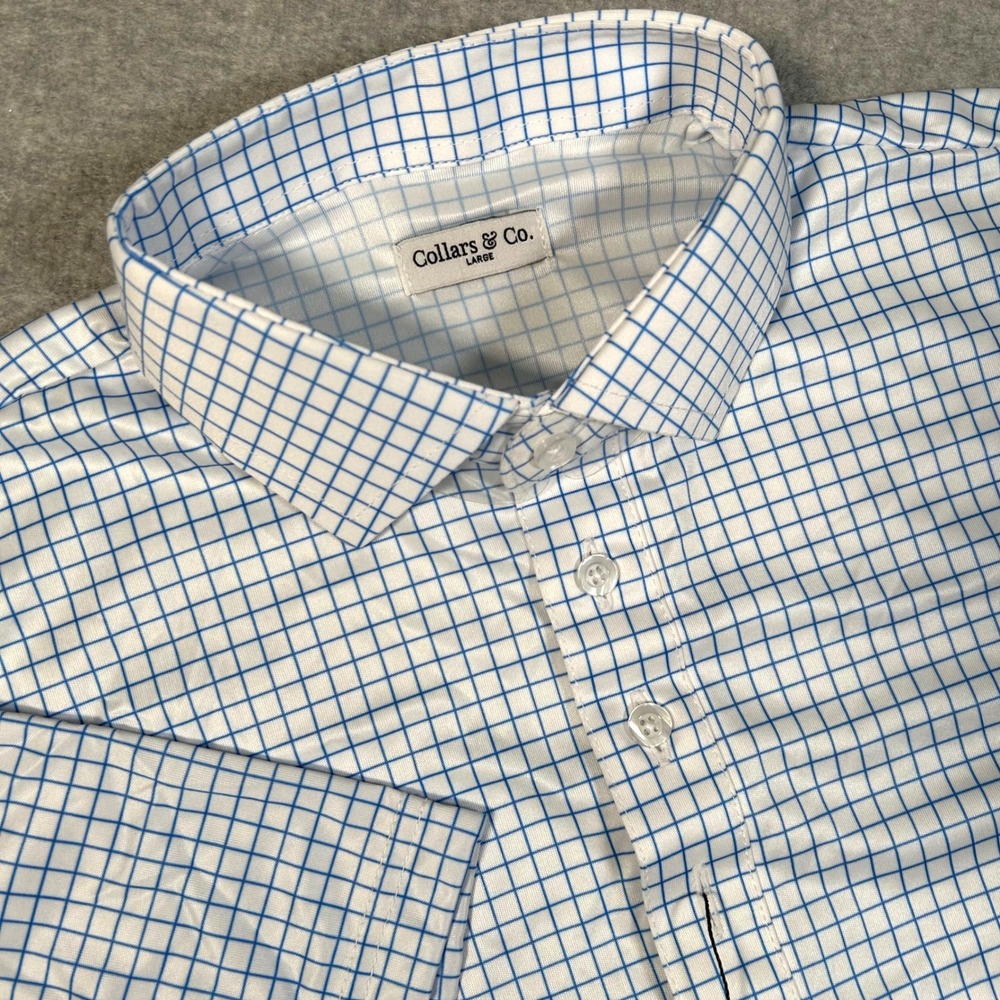 Collars‎ & Co Polo Shirt Mens L White Blue Gingham Check Dress Collar NEW NWOT